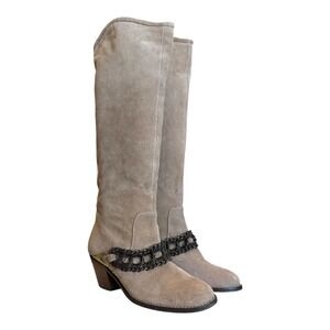 B. Makowsky Womens Brown Suede Knee High Western Boots Chain Detail Goth 7M